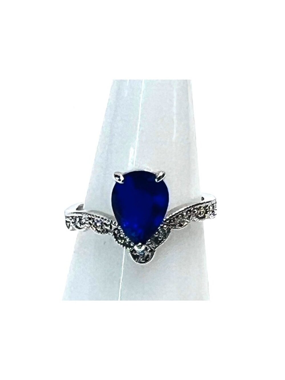 Ring Bomb Party Ring, size 6, Blue gemstone silver color band CZ looking mini st